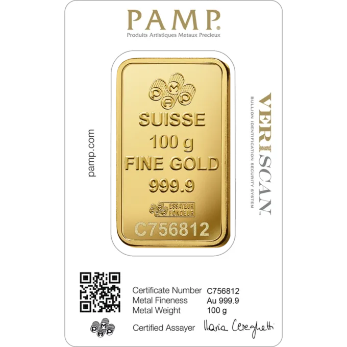 Lingou de aur Pamp 100g - aur 24K 999,9 certificat NeoGold