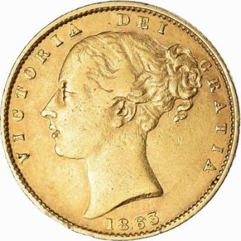 Moneda din aur Sovereign 1863  22k  Victoria Primul Portret-7,98gr