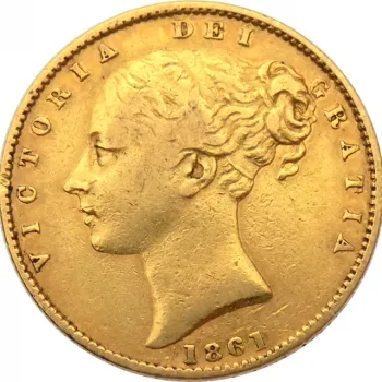 Moneda din aur Sovereign 1861  22k  Victoria Primul Portret-7,98gr