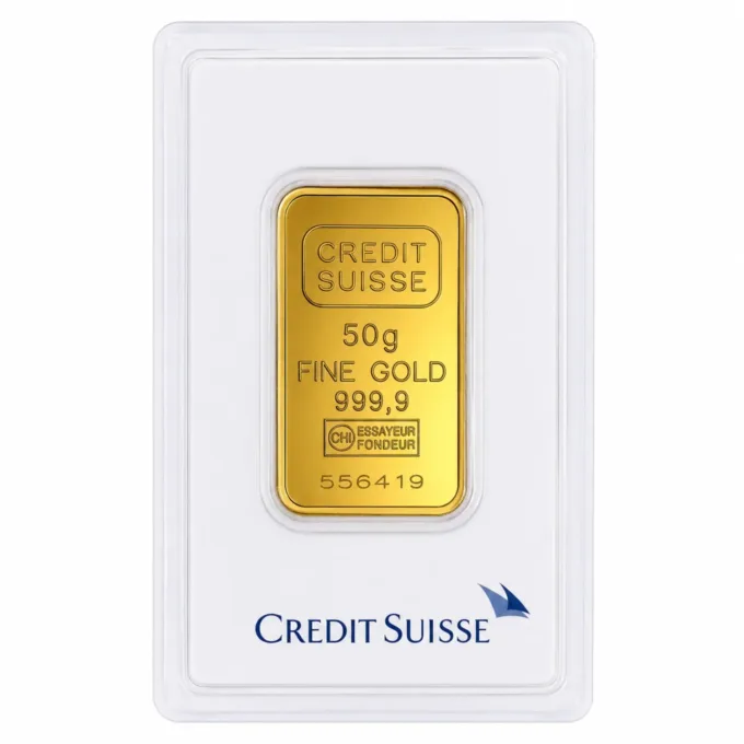 Lingou de aur Credit Suisse 50g - aur 24K 999,9 certificat NeoGold