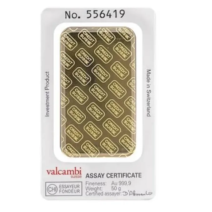 Lingou de aur Credit Suisse 50g - aur 24K 999,9 certificat NeoGold