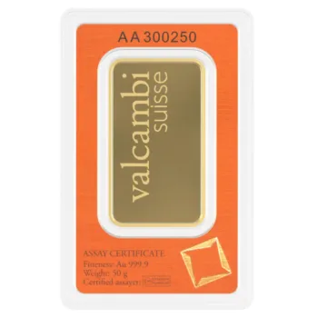 Lingou de aur Valcambi 50g - aur 24K 999,9 spate certificat NeoGold