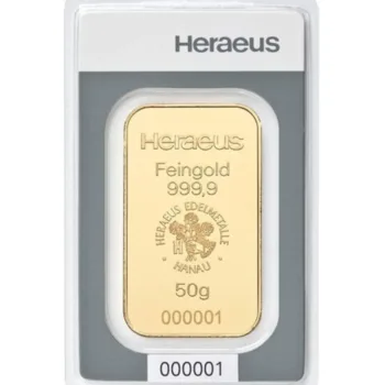 Lingou de aur Heraeus 50g - aur 24K 999,9 certificat NeoGold